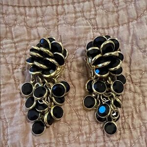 Vintage Sorrelli Black and Gold Cluster Drop Earrings Clip 2 1/4”